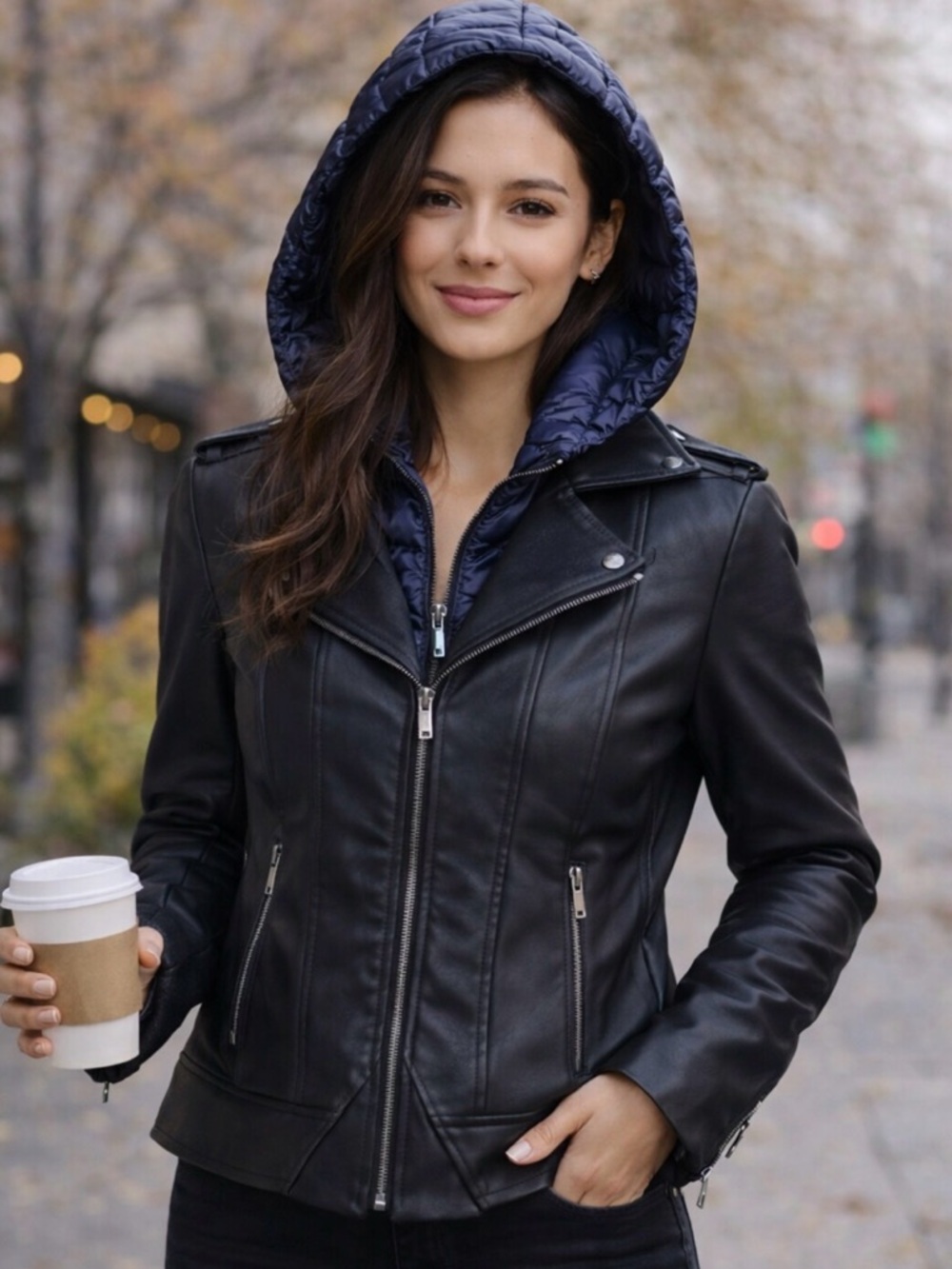 *BERNARDO Genuine Leather Moto Jacket w/ Detachable Hood – Size‎ S - Picture 3 of 15